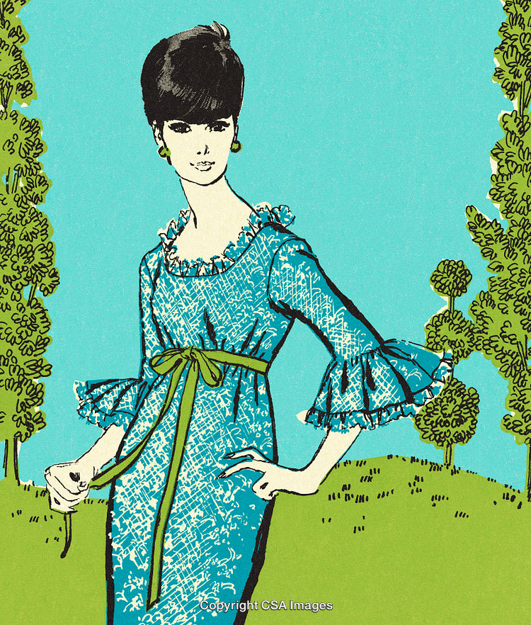 Vintage Illustration of Woman in Elegant Blue Dress With Green Ribbon