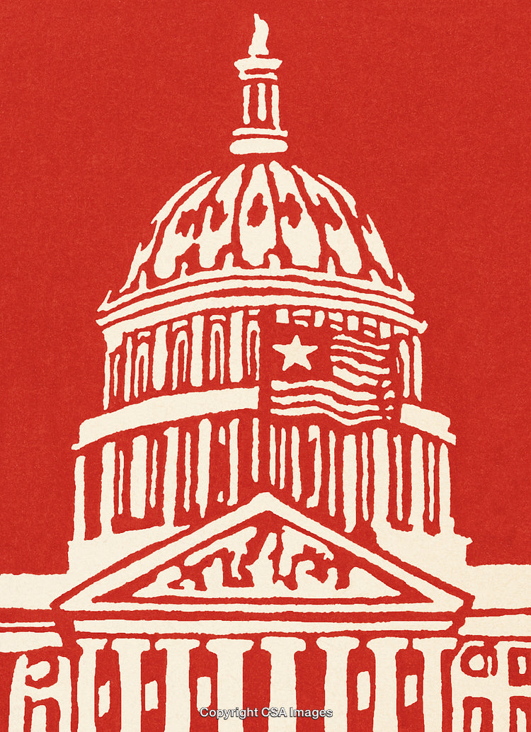 Illustration of a Capitol Dome with Star and Stripes Symbol on Red Background