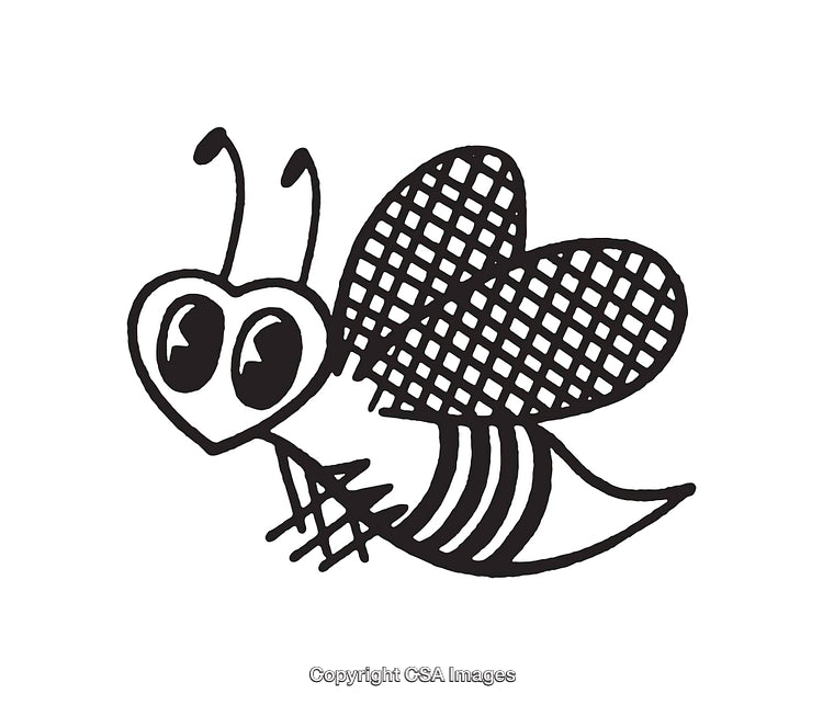 Black and White Line Art of a Cartoon Bee With Heart Details