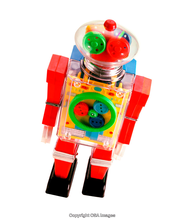 Colorful Plastic Robot Toy with Visible Gears on White Background
