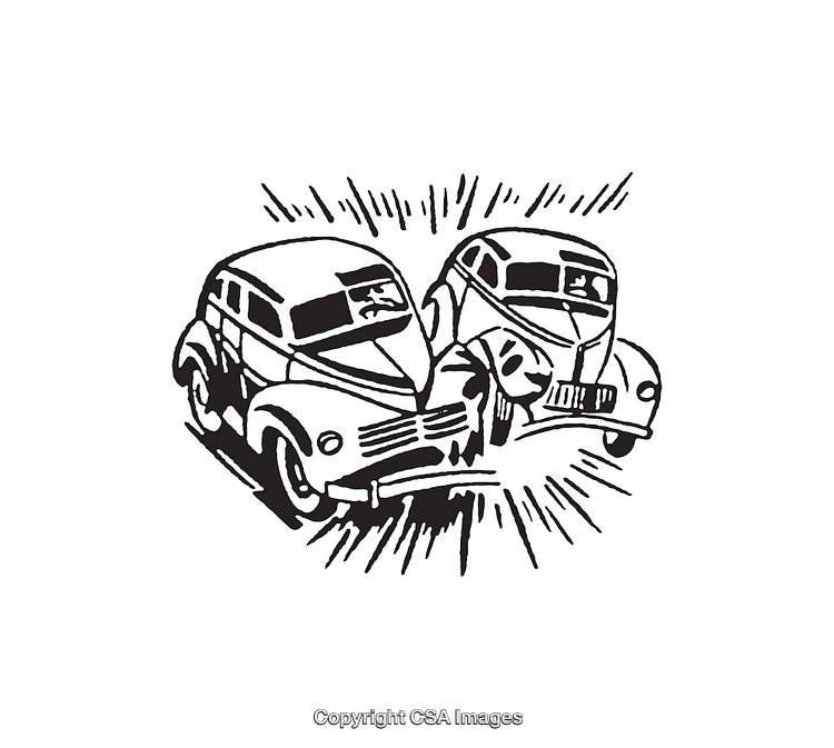 Vintage Black and White Illustration of Two Cars in a Collision