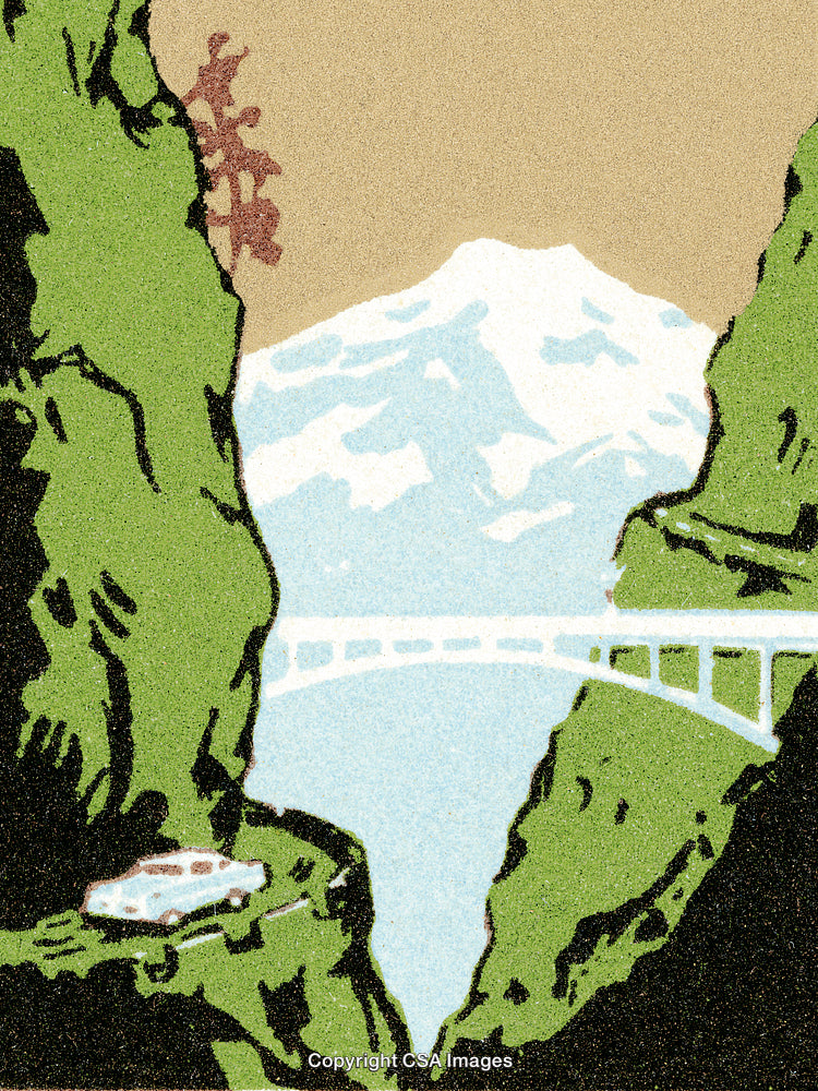 Scenic Bridge Crossing Amid Majestic Mountains with a Vintage Art Style