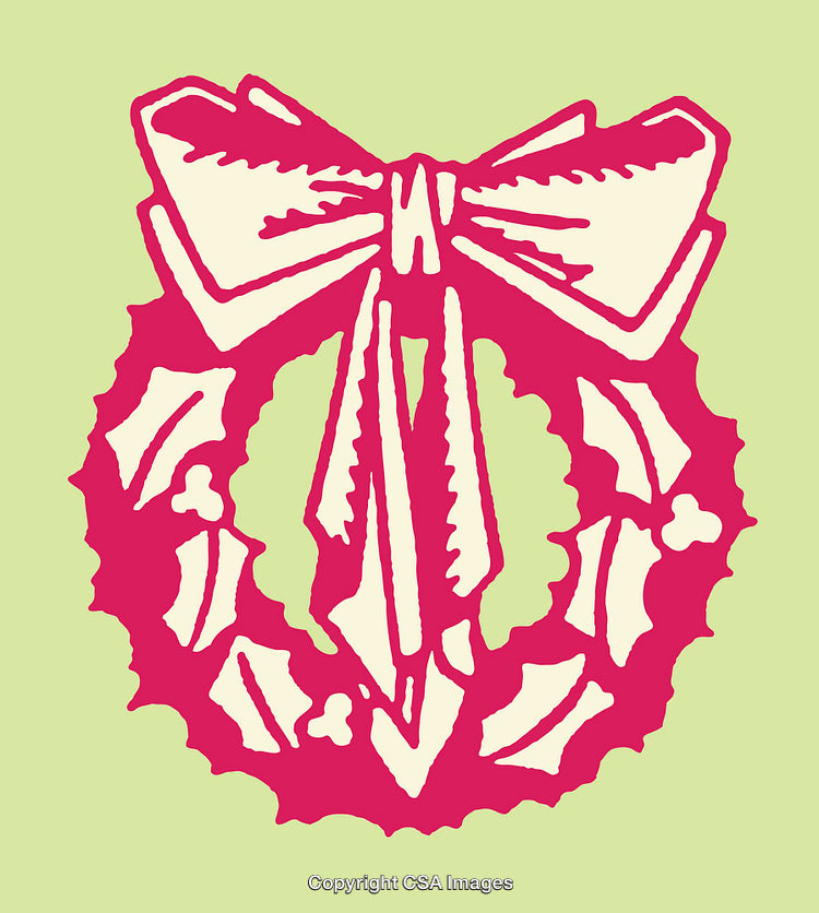 Stylish Color Line Art Illustration of Holiday Wreath with Ribbon and Bow