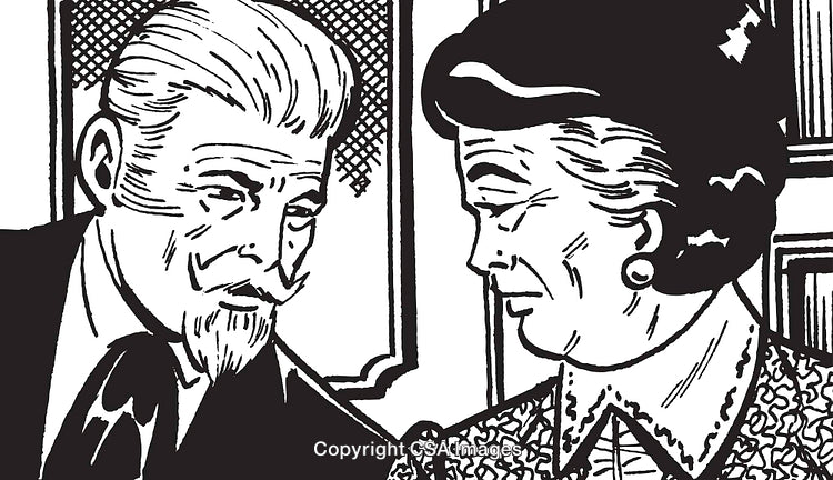 Vintage Black and White Illustration of an Elderly Man and Woman Conversing