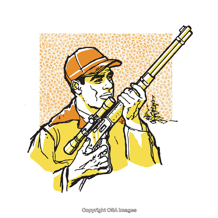 Colorful Illustration of a Hunter Holding a Rifle in a Rustic Setting