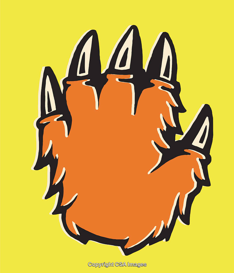 Illustration of an Orange Animal Paw with Sharp Claws on Yellow Background