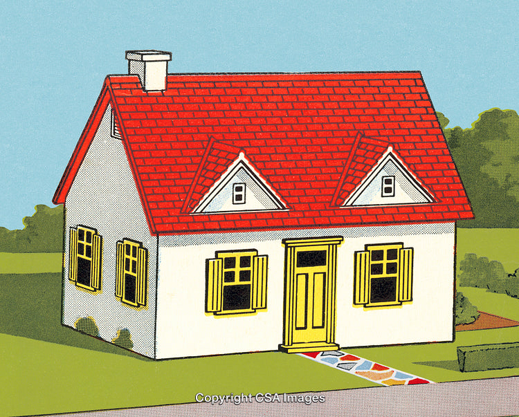 Illustration of a Cozy Small House with Bright Red Roof in a Green Landscape