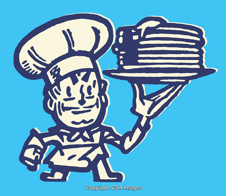 Vintage Cartoon Chef Holding a Stack of Pancakes Illustration