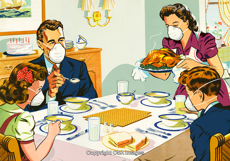 Family Dinner Scene With Masks and Traditional Turkey Meal Arrangements