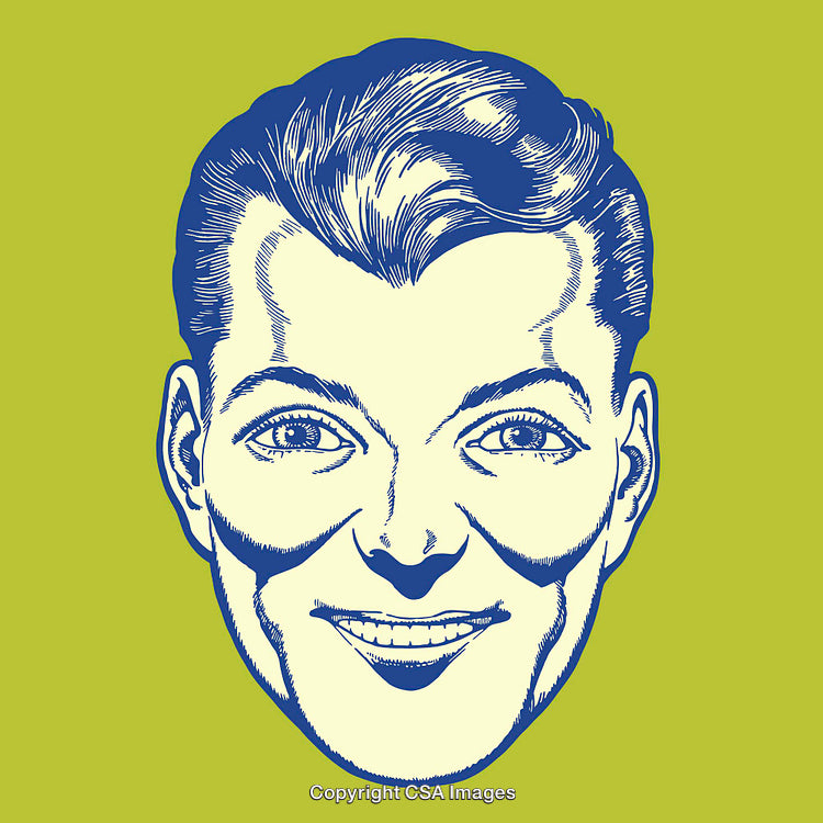 Retro Blue Line Art Illustration of a Smiling Face on Green Background