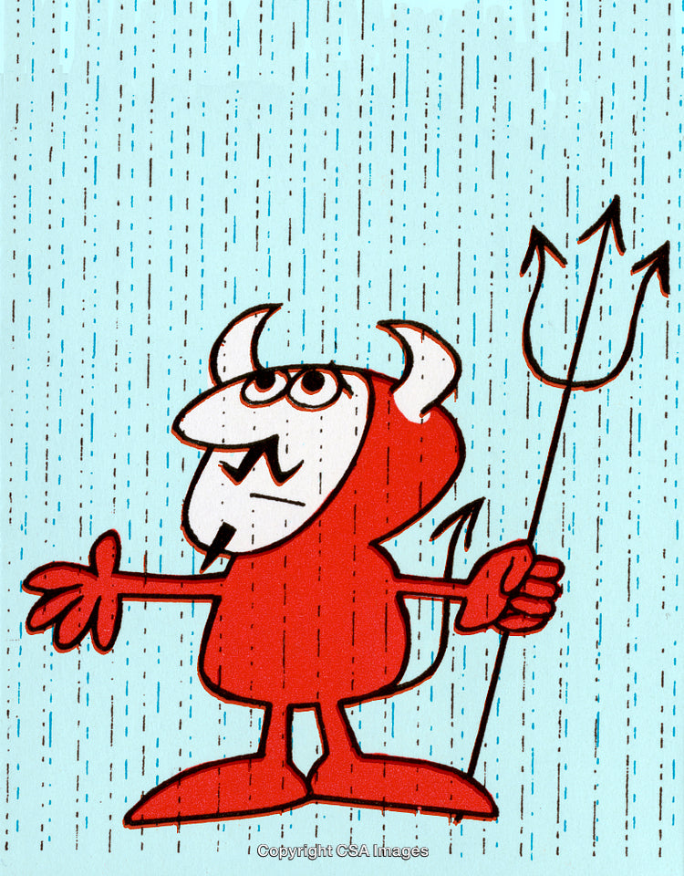 Red Cartoon Devil in Rain Holding Pitchfork Icon