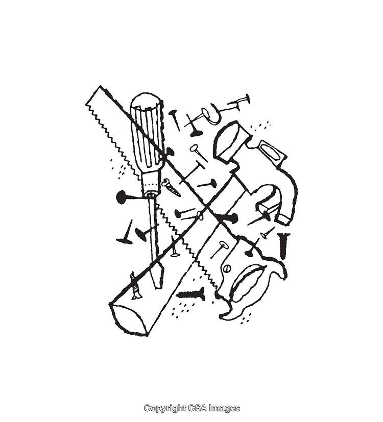 Black And White Line Art Illustration of Tools and Construction Elements