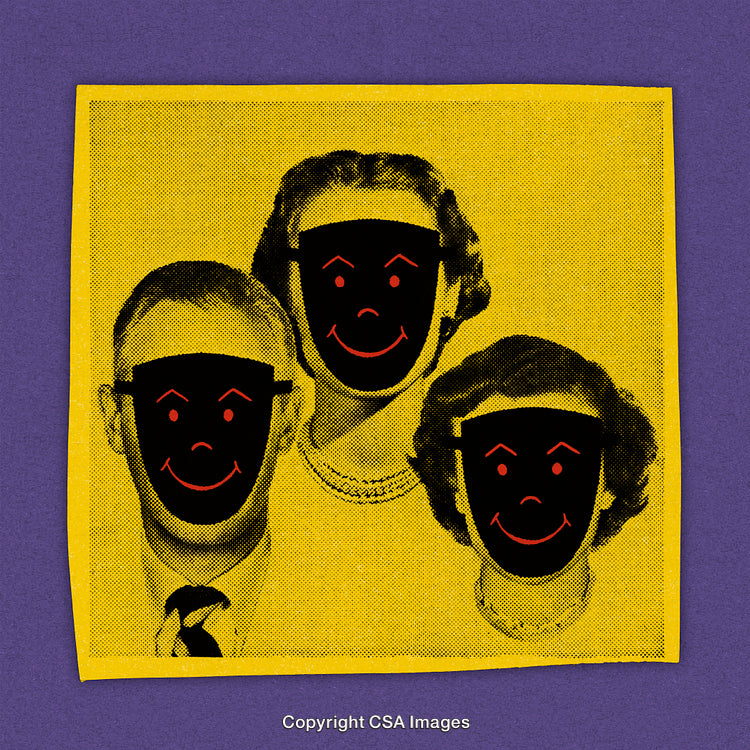 Retro Artwork Featuring a Family with Abstract Smiling Faces Overlay