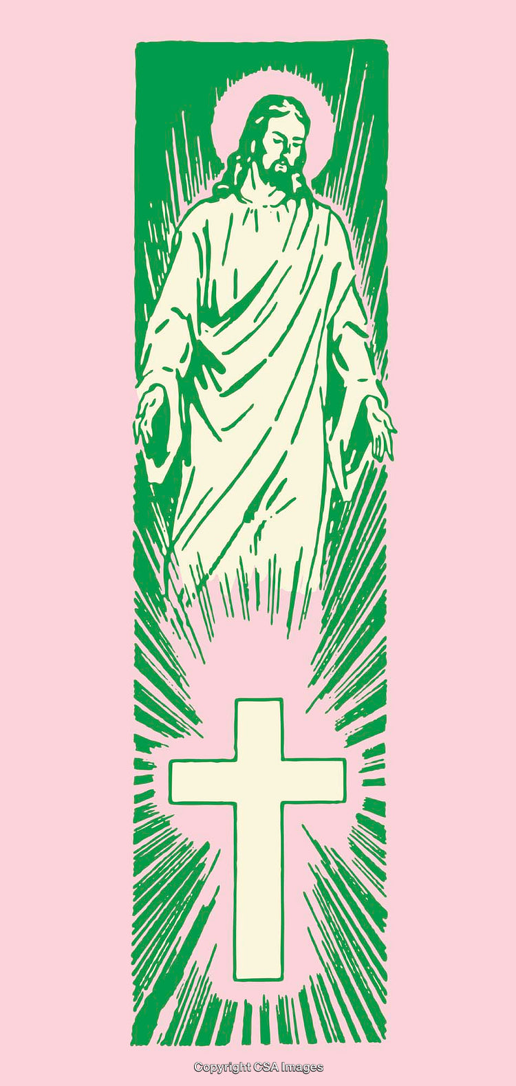 Jesus Christ Illustration with Cross Symbol in Vibrant Green and Pink