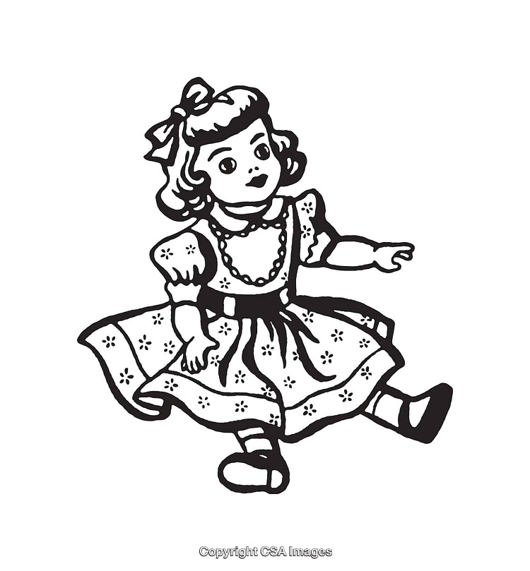Vintage Black and White Illustration of a Little Girl in a Dress