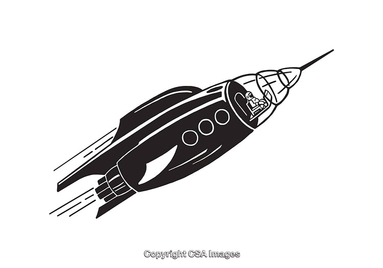 Black and White Illustration of a Rocketship with Pilot