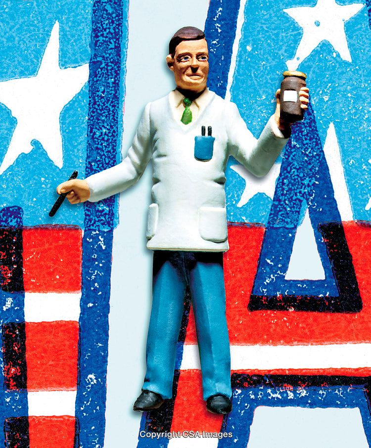 Plastic Toy Scientist Holding Jar in Front of Patriotic Background