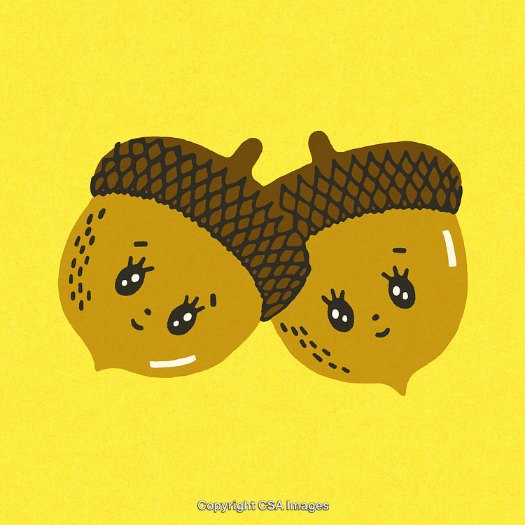Cute Illustration of Two Smiling Acorns with Happy Faces on a Yellow Background