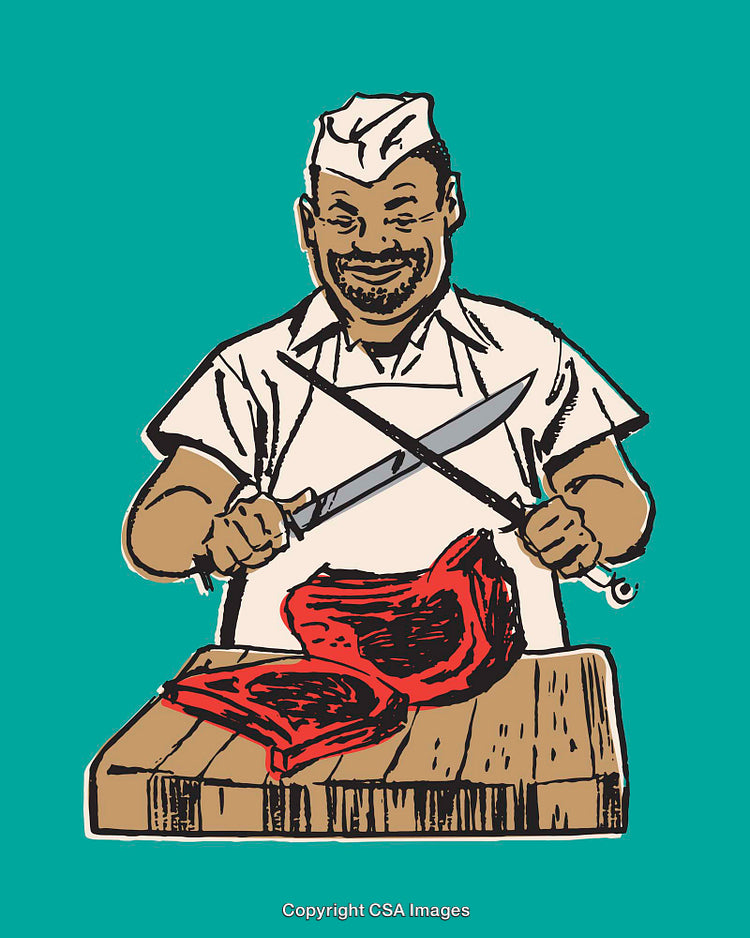 Smiling Butcher Sharpening Knives Over Fresh Meat in Line Art Illustration