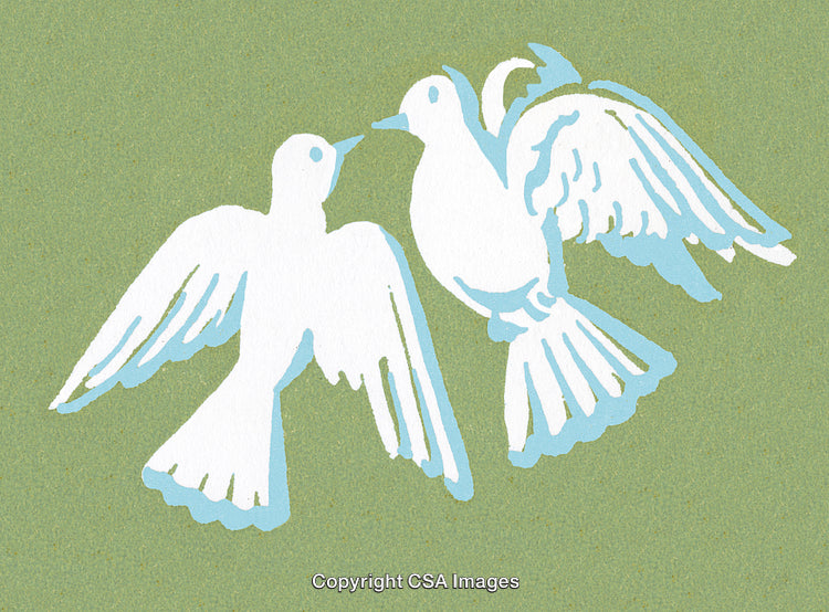 Two White Birds in Minimalistic Design Over Green Background