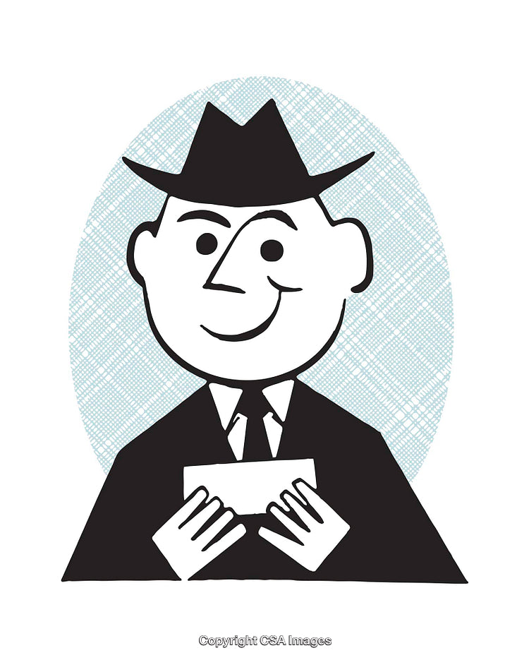 Retro Style Illustration of Smiling Man Holding an Envelope Wearing a Hat