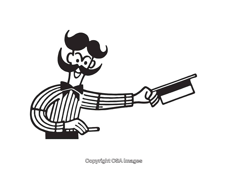 Black and White Illustration of a Gentleman With a Mustache Holding a Hat