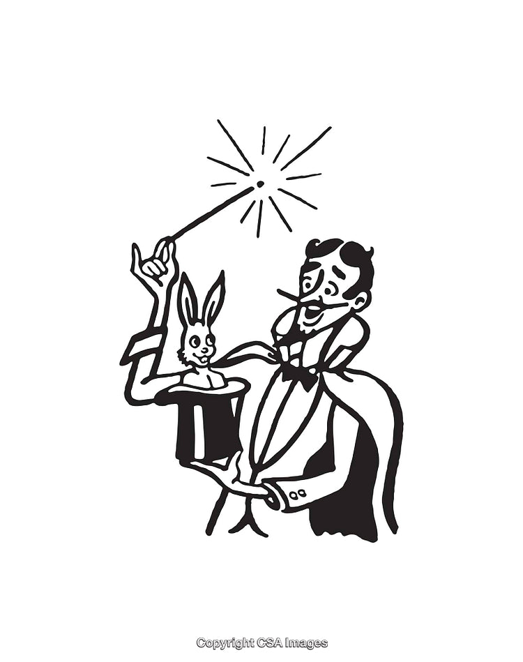 Vintage Black and White Illustration of Magician Performing Magic Trick