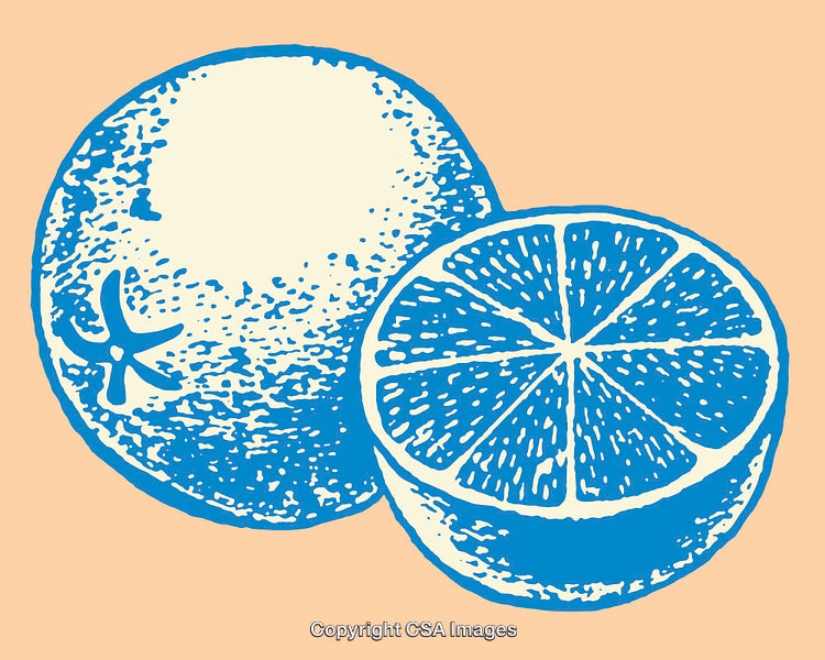 Blue and Beige Line Art of Orange Fruit and Citrus Half