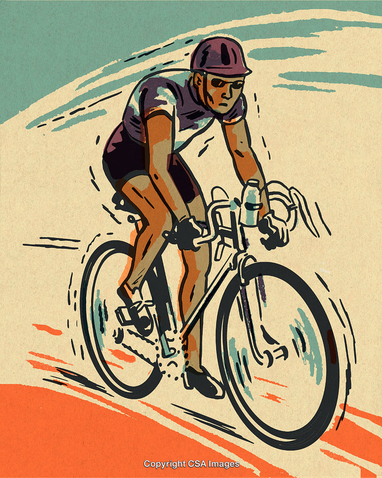 Vintage Illustration of a Cyclist Riding a Bicycle on a Dynamic Background