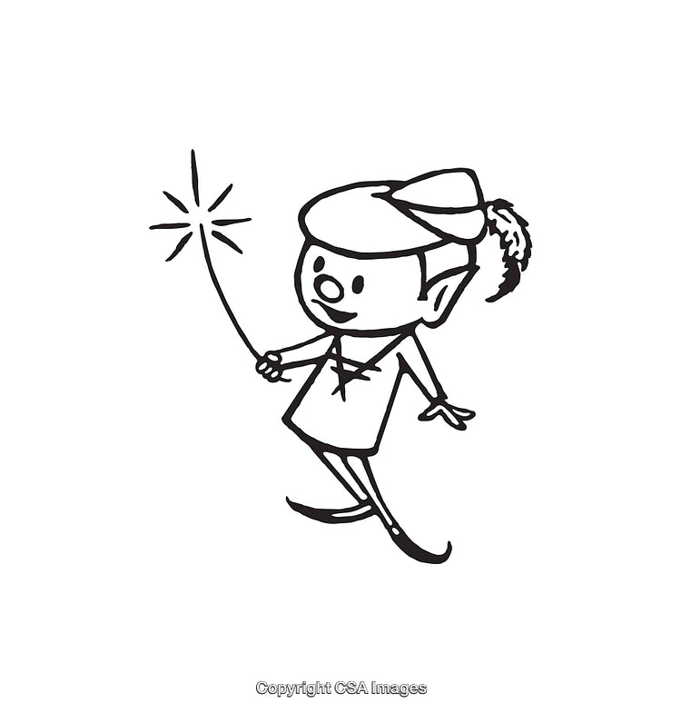 Black and White Line Art of a Joyful Elf Holding a Wand