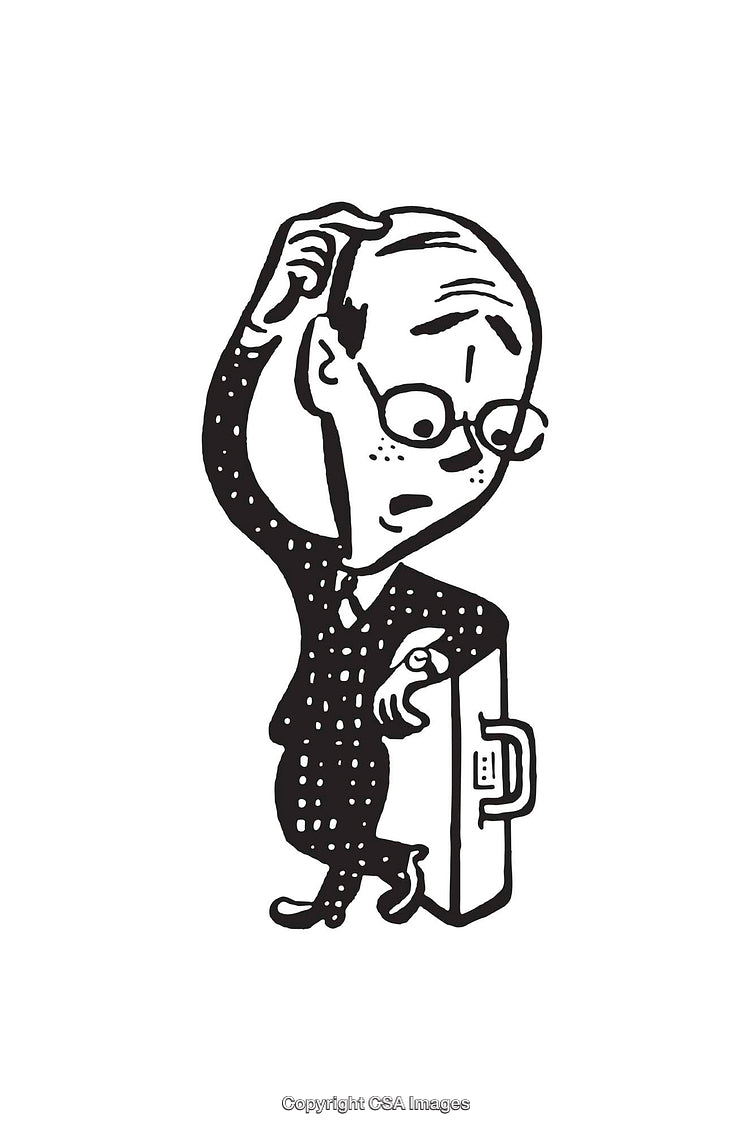 Illustrated Businessman Scratching Head Holding Briefcase in Line Art Style