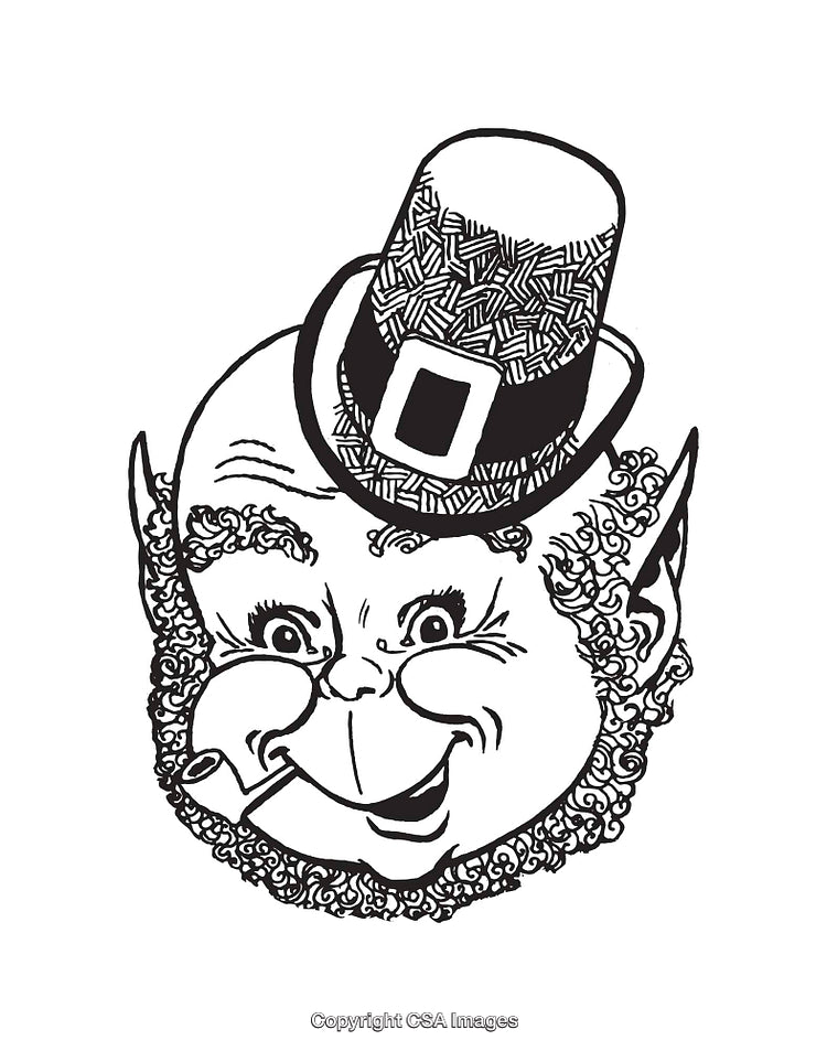 Black and White Outline Drawing of a Leprechaun Face with Hat and Pipe
