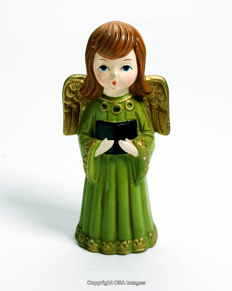 Ceramic Angel Figurine with Green Robe and Golden Wings Holding a Black Book