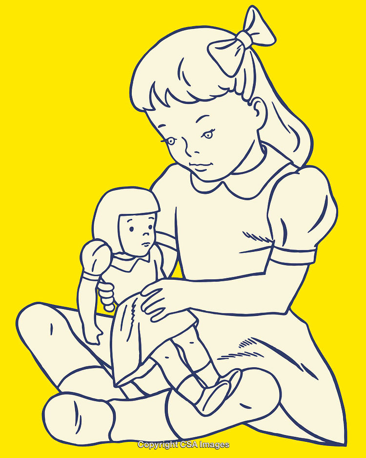 Vintage Illustration of Girl Playing with Her Doll on a Yellow Background