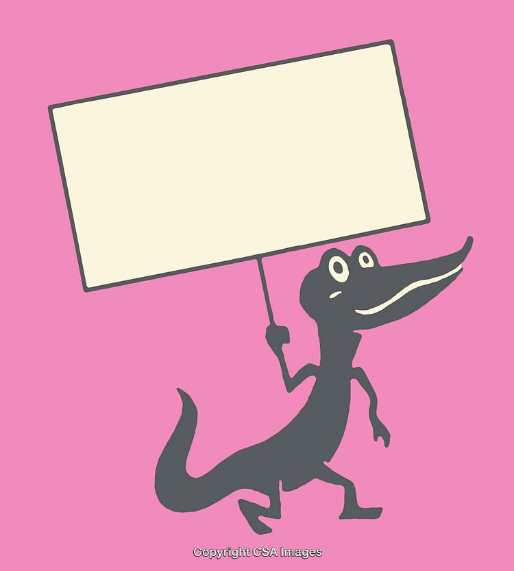 Cartoon Crocodile Holding Blank Sign on a Pink Background