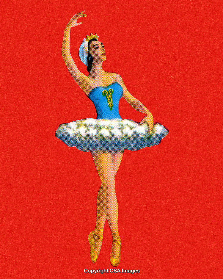 Graceful Ballerina in Classic Pose Against Vibrant Red Background