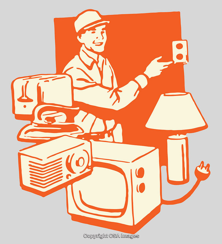 Retro Illustration Featuring Household Appliances and a Smiling Technician