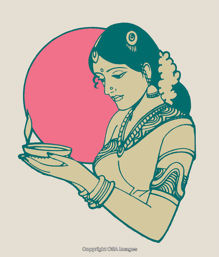 Color Line Art Illustration of Woman Holding Lamp in Traditional Attire