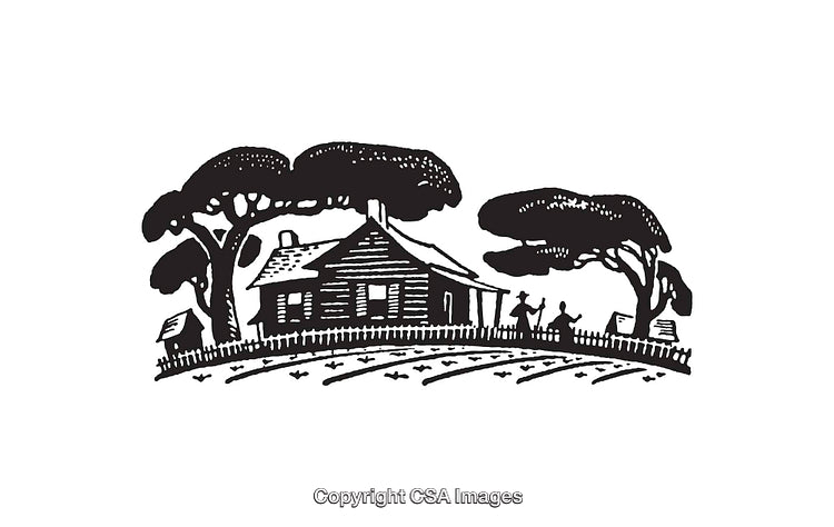 Rustic Line Art Illustration of a Simple Cottage Among Trees
