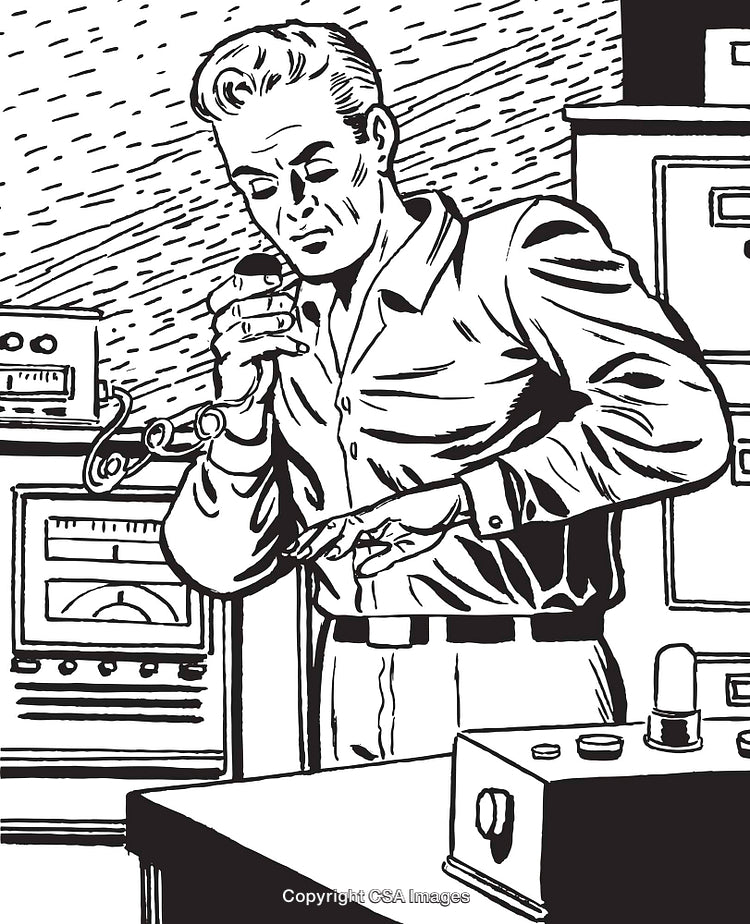 Retro Scientist Examines Mystery Device in Laboratory Setting