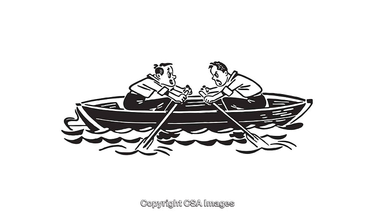 Two Men Rowing a Boat in Black and White Illustration