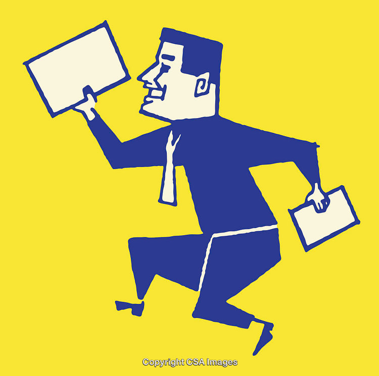 Dynamic Colorful Illustration Depicting a Professional with Documents in Motion