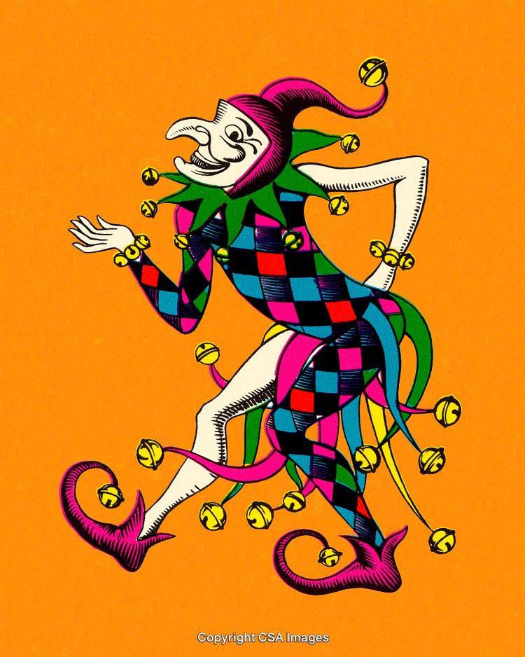 Colorful Jester Illustration with Bright Harlequin Costume on Orange