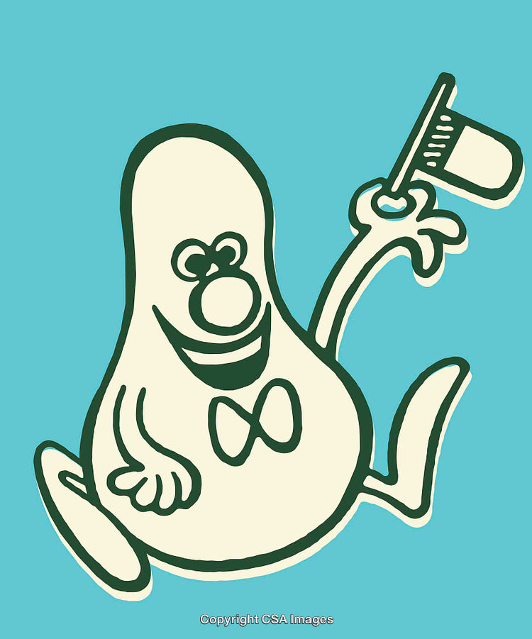 Cheerful Cartoon Figure Holding a Hat on a Vibrant Background