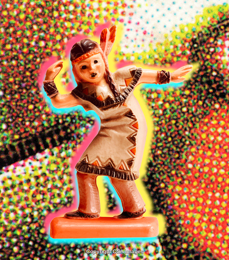 Vibrant Photograph of a Plastic Toy Figure with Colorful Abstract Background