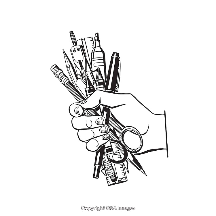 Black and White Line Art of Hand Holding Artistic Tools