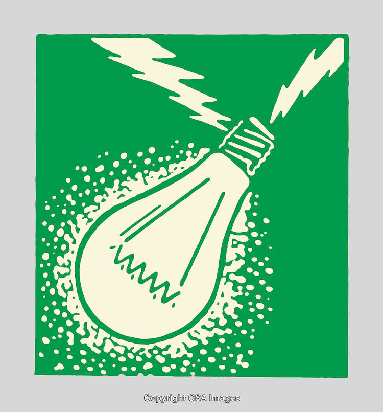 Retro Style Lightbulb Illustration with Lightning on Green Background