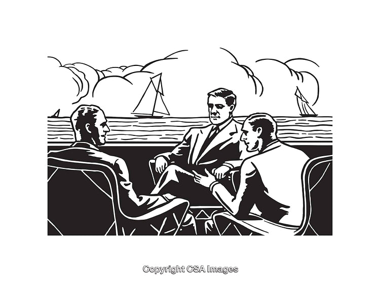 Businessmen Conversing by Sea in Black and White Illustration