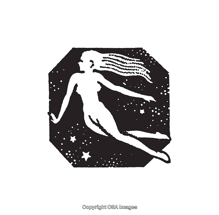 Black and White Line Art Illustration of a Celestial Figure Floating