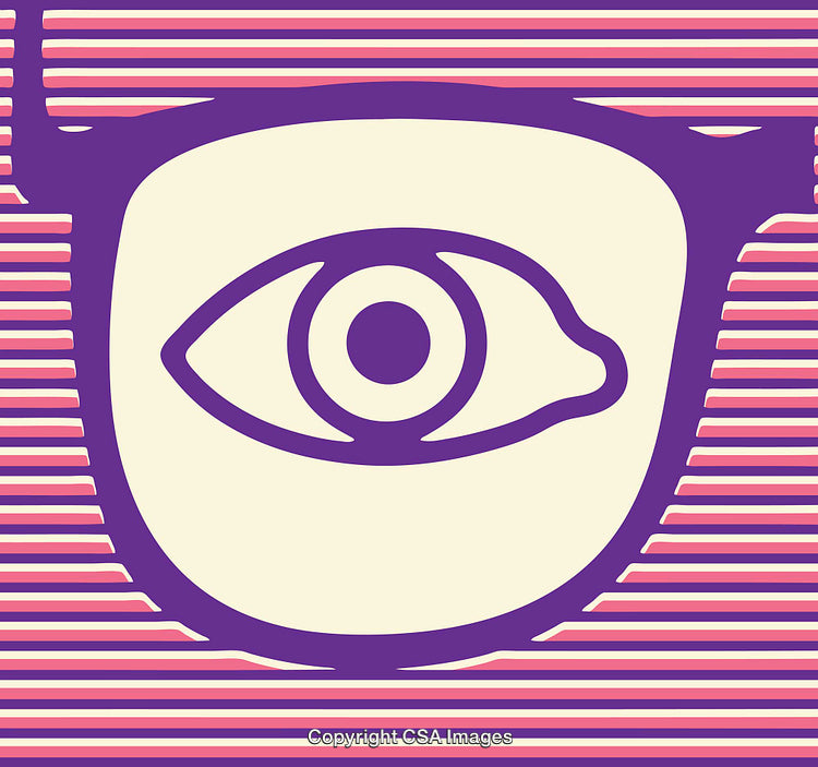 Vibrant Eye Illustration with Striped Purple and Pink Pattern Accents